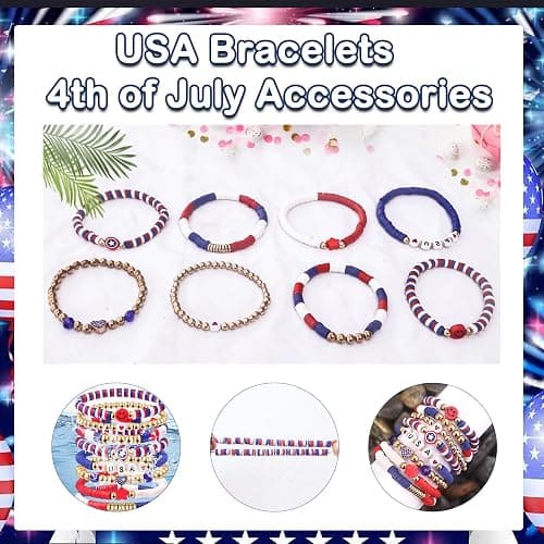 lakayfimily Independence Day Gifts for Women Men Teens Red White Blue Clay Beaded Stackable Stretch Bracelets USA Patriotic Jewelry 4th of July Accessories thumbnail 3
