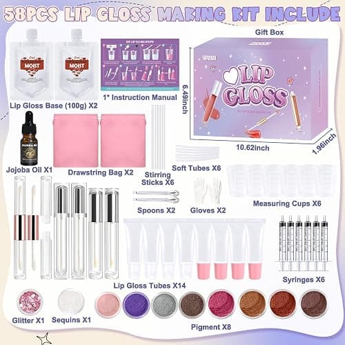 TSVATE Lip Gloss Making Kit, 58PCS DIY Lip Gloss Kit, Lipgloss Making Kit for Women, Beginner, Girls, Moisturizing Lipgloss Base Moist, Double-Ended Tubes, Jojoba Oil, Tween Girls Gift Trendy Stuff thumbnail 2