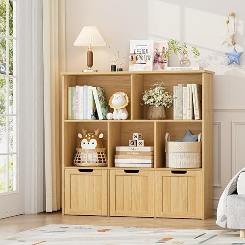 FOTOSOK Toy Storage Organizer with 3 Movable Drawers, Floor Storage Cabinet Toy Chest with Hidden Wheels and 5 Storage Cubbies, Multifunctional Storage Chest for Playroom, Natural - Image 1