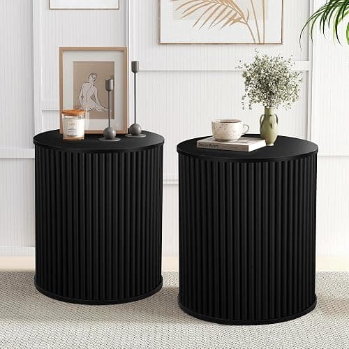 AVZEAR Small Round Side Table Fluted Night Stand Set of 2, Mid Century Modern End Table with Storage, Circle Bedside Tables Wood Nightstands for Small Spaces, Living Room, Bedroom (Black) thumbnail 9