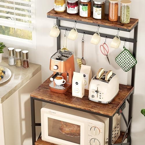 Korfile Kitchen Bakers Rack with Power Outlet, Small Coffee Bar Cart 4 Tiers, Microwave Stand Station with 8 S Hooks, Adjustable Shelf, Freestanding Kitchen Appliance Organizer, Rustic Brown thumbnail 8