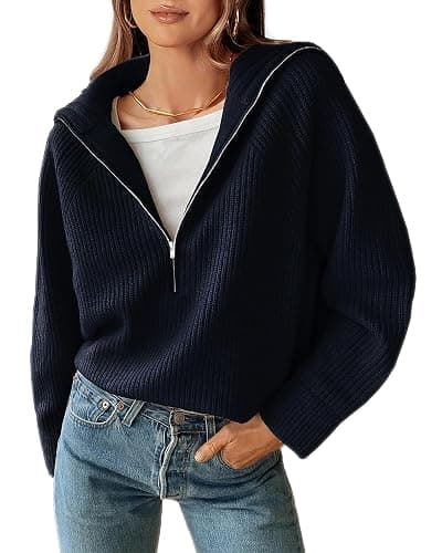 BTFBM Womens Sweaters Quarter Zip Pullover V Neck Collar Long Sleeve Ribbed Knit Loose Casual 2025 Winter Fall Sweater - Image 1