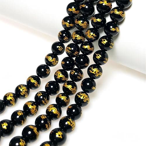 MJDCB Natural Stone Beads 8mm 43pcs Round Black Onyx Carved Dragon Loose Gemstone Bead Charms for Jewelry Making Bracelet Necklace Earring Pendant thumbnail 6