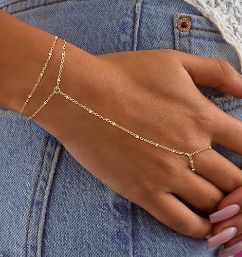 Tituthia Gold Bracelets for Women Trendy, Dainty Gold Hand Chain Bracelet Stack 14k Gold Plated Finger Ring Bracelet Hand Chain Cz Layered Beaded Gold Bracelets for Women Non Tarnish Gold Jewelry Gift thumbnail 2