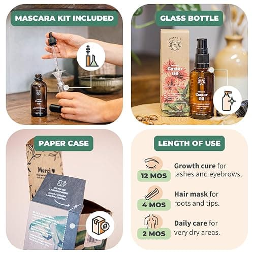 BIONOBLE Organic Castor Oil Cold Pressed + Mascara Kit - Hexane Free, 100% Natural - Pure Castor Oil Organic for Eyelashes, Hair Growth, Eyebrows, Skin, Face - Glass Bottle, Pipette and Pump - 50ml thumbnail 4