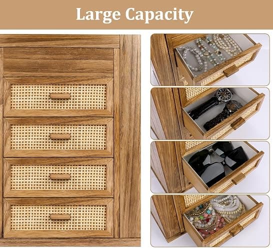 Jewelry Organizer, Rattan Jewelry Box, 5 Layer Wooden Jewelry Organizer Box with Mirror, Jewelry Boxes with 4 Drawers for Women Men, Jewelry Storage for Rings Earrings Necklaces Bracelets Watch thumbnail 6