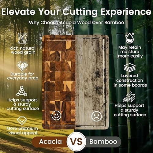 Bierofaro Large Solid Wood Chopping Board, 42 x 33 x 3 cm, Butcher Block | Thick end grain design， juice groove and side handles, designed for chopping, carving meat and serving charcuterie. thumbnail 3