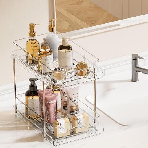 Vtopmart 4 Pack 2 Tier Bathroom Under Sink Organizers and Storage, Clear Kitchen Pantry Organization, Pull Out Medicine Cabinet Organizer with Movable Dividers thumbnail 4