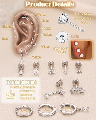 MILACOLATO Hypoallergenic Flat Back Earrings 14K Gold Plated Cartilage Earring Sets for Multiple Piercing 20G Surgical Stainless Steel Earrings for Women Trendy Earring Stacks Small Hoop Flatback Stud Earrings thumbnail 2