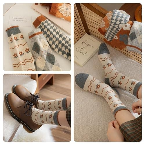 FORJMMP 5/10 Pairs Wool Socks for Women Thick Knit Vintage Cute Floral Crew Socks thumbnail 2