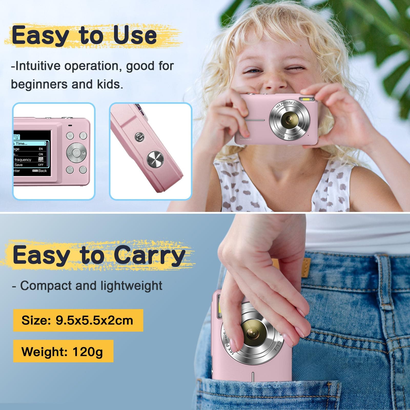 Digital Camera 1080p 44MP Photo Camera FHD Photo Device with 32G Card 16X Digital Zoom Digital Camera with Battery Portable Simple Digital Camera for Kids Students Teenagers Beginners thumbnail 7