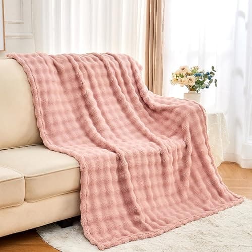 Wajade Soft Fleece Throw Blanket for Couch, 3D Small Bubble Decorative Cozy Fuzzy Flannel Blanket 60x80 Inches， Lightweight Warm Blanket for Bed Office, Pink - Pink - Twin- 60" x 80" thumbnail 4