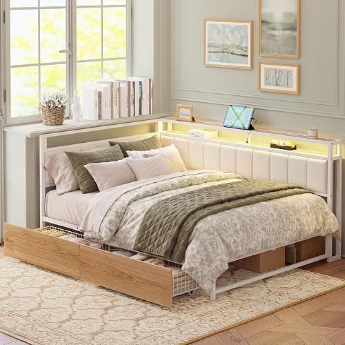 LIKIMIO Full Corner Bed Frame with Storage Drawers, LED, Charging, White | Smart LED & Charging Station, Ample Underbed Storage, Space-Saving Corner Design - Image 1