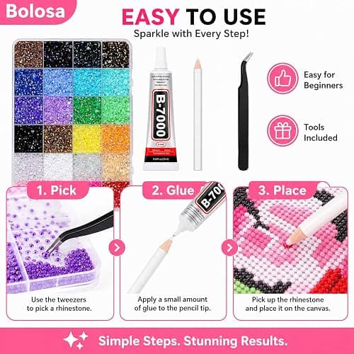 Bolosa 24 Colours 5mm Nail Art Rhinestones Kit, 25000 Pcs Resin Flat Back Gems, Bedazzling Kit with Tweezers & Pick Up Pen for Nails, Nail Gems, Phone Cases, Clothes, Shoes, Home and DIY Crafts thumbnail 6