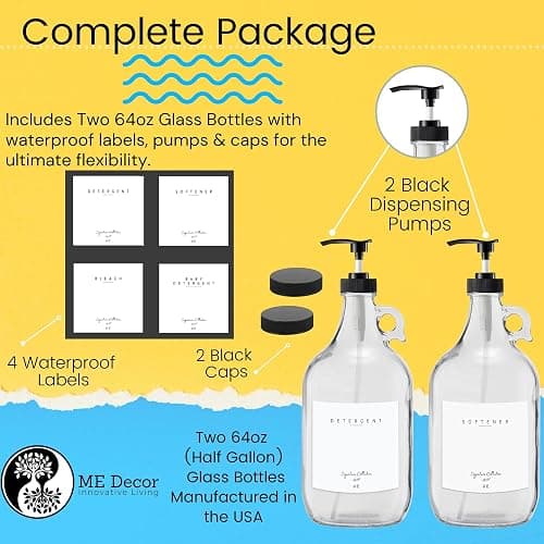 Laundry Detergent Dispenser for Laundry Room - Two Half Gallon Glass Jugs for Fabric Softener Dispenser, Liquid Laundry Soap Dispenser and Bleach - 64 oz. Black Commercial Liquid Pump Dispenser thumbnail 3