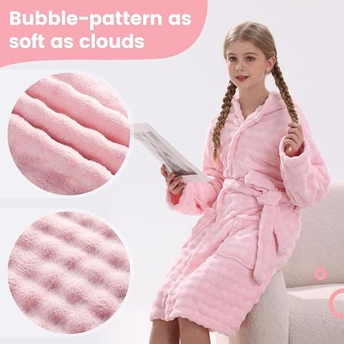 V.&GRIN Girls Hooded Towel Robe, Super Absorbent Quick-Dry Kids Bathrobe for Bath & Pool - Solid Colors Bubble Texture thumbnail 3