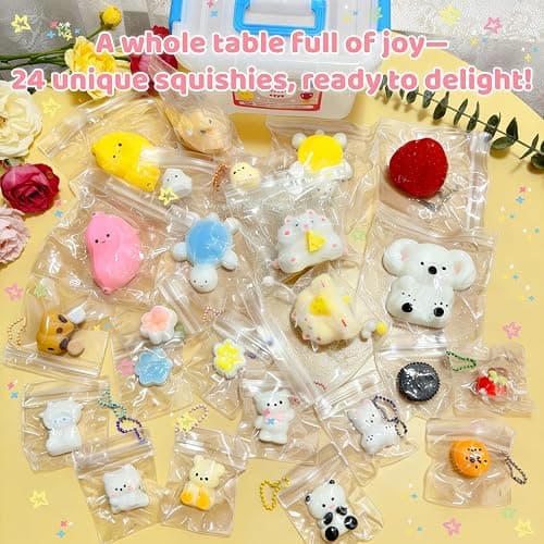 SUISUILE 24 Pack Squishy Toys Kit, Ultra-Soft Squishies with Keychain & Storage Box, Sticky Squishy Sensory Squeeze Toys, Include Hamster, Strawberry, Chick Squishies for Stress Relief Party Favors thumbnail 8