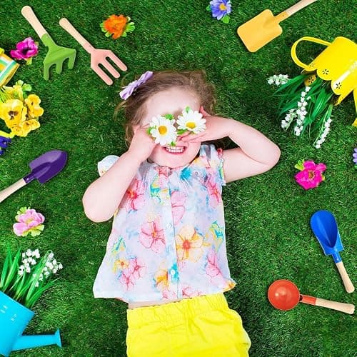 6 PCS 8" Kids Gardening Tools, Metal Beach Sandbox Digging Toys with Sturdy Wooden Handle, Safe Backyard Snow Sensory Playset Including Cylinder, Spoon, Fork, Rake, Flat & Pointed Shovels for Children thumbnail 2