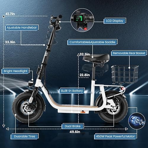 Caroma Peak 1200W/800W Electric Scooter with Seat, 30 Miles Max Range, Electric Scooter Adults, Up to 20MPH Foldable Escooter with Kid Seat,Key Start Adjustable E-Scooter thumbnail 8