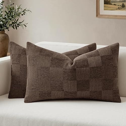 a moment Set of 2 Decorative Linen Throw Pillow Covers,Large Grid Textured Neutral Boho Farmhouse Cushion Covers,Soft Aesthetic Pillowcases for Couch Sofa Living Room Home Decor,20x12 Inch,Dark Brown - Image 1