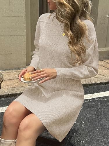 Saodimallsu Womens Puff Long Sleeve Sweater Dress Cable Knit A Line Crew Neck Fall Casual Flare Mini Dresses thumbnail 4