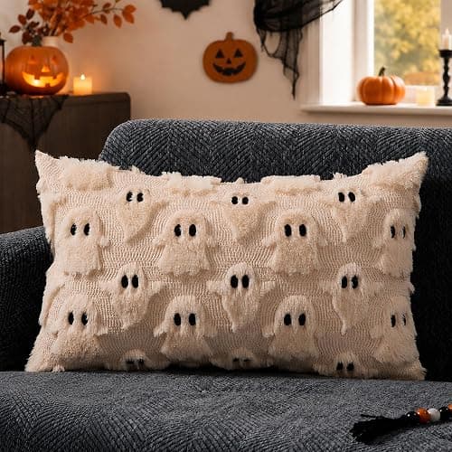 DFXSZ Halloween Pillow Covers 12x20 Beige Ghost Plush Halloween Decor095B12 | Soft Plush Faux Fur Halloween Pillowcases,for Chair Sofa Bedroom Living Room Home Thanksgiving Decor - Image 1