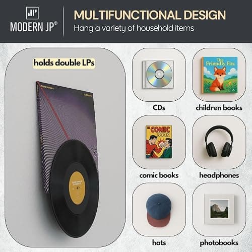 Modern JP Adhesive Vinyl Wall Mount (4-Pack) – Dual Display Album and Disc, Strong Hold Record Holder Wall, Record-Safe Easy Installation, Album Wall Mount for 1LP and 2LP – Clear thumbnail 7