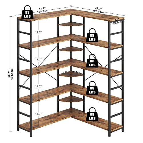 IRONCK Industrial Bookcases and Bookshelves, Book Shelf, Vintage Brown | 5 Tiers Corner Bookcase with Curved Panels, L Shaped Bookshelf with Metal Frame for Open Storage for Living Room, Home Office thumbnail 3