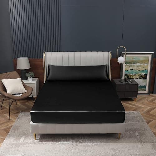 Homiest Black Satin Fitted Sheet Queen Size, Deep Pocket, Luxury & Ultra Soft Bedding - Queen - Fitted - Black thumbnail 8