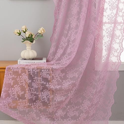 YJ YANJUN Vintage Lace Curtains 63 Inch Length-Victorian Floral Pattern Lilac Sheer Curtain Panels for Living Room Bedroom,Light Filtering, Cute Girls Drapes 2 Panels 52W x 63L Purple Blush thumbnail 3