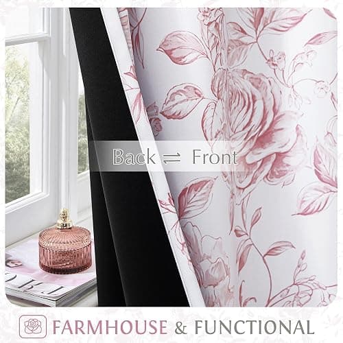 Beauoop Floral 100% Blackout Curtains 84 Inches Long 2 Panels for Bedroom Living Room Pink White Farmhouse Dusty Rose Flower Patterned Room Darkening Thermal Grommet Window Treatments Drapes, 50X84 thumbnail 5
