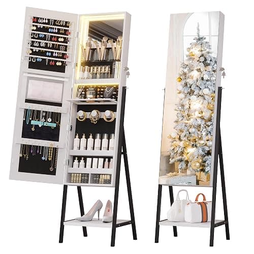 jajov 47.2" LED Jewelry Cabinet Armoire, Standing Full-Length Mirror With Jewelry Storage, Jewelry Organizer Armoire, Lockable Jewelry Mirror Cabinet (Rustic White) thumbnail 8