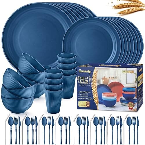 Wheat Straw Dinnerware Sets,64-Piece Plates and Bowls Sets for 8-Unbreakable,Reusable Plastic Dish Set-Dinner Plate/Dessert Plate/Cereal Bowl/Cup/Utensils-Microwavable Dishwasher Safe 64P-Deep Blue - Image 1