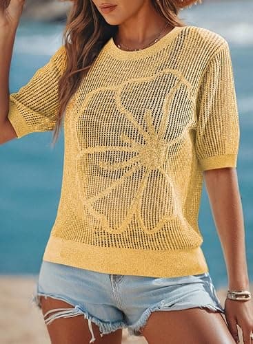Dokotoo Womens Summer Short Sleeve Crochet Tops Hollow Out Floral Sweaters Beach Vacation Cruise Outfits thumbnail 2
