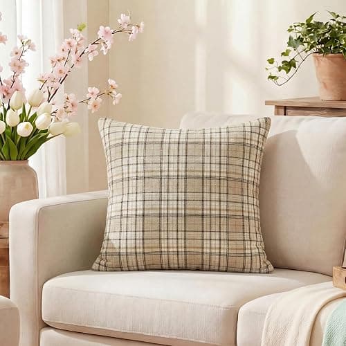 AVOIN colorlife Spring Summer Khaki White Plaid Decorative Throw Pillow Covers, 18 x 18 Inch Holiday Scottish Tartan Cushion Case Farmhouse Decoration for Sofa Couch Set of 2 thumbnail 3
