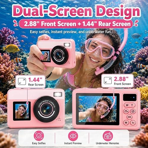 Maxmango D70 4K Underwater Digital Camera - 48MP 10FT Waterproof Camera for Snorkeling - Dual Screen Selfie Compact Floatable Camera with 16GB Card - Point and Shoot Digital Cam 1200mAh Battery -Pink thumbnail 3