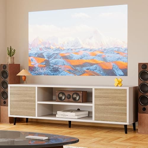 YESHOMY Modern TV Stand for 65" Television, Entertainment Center with Two Storage Cabinets and Open Shelves, Retro Style Media Console for Living Room, Bedroom, Office, 58 Inch, White and Beige - Image 1