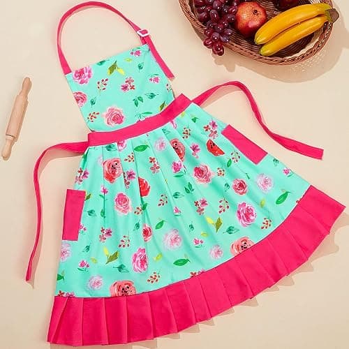 MHJY Kids Apron Hat Set for Girls Vintage Pleated Skirt Aprons with Adjustable Strap Pockets for Baking Cooking 8-12 Years thumbnail 3
