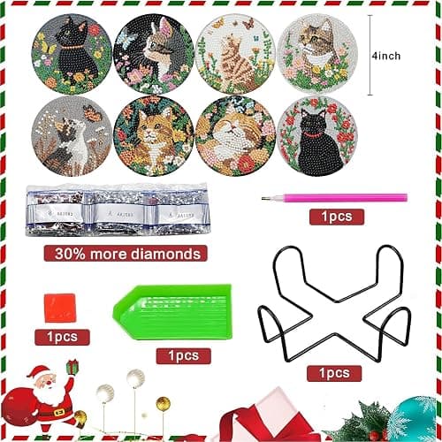 KYOQFVN 8 Pcs Cat Diamond Art Coasters Kit for Adults Beginners - Diamond Painting Coasters with Holde, DIY Cat and Flowers Gem Art Dots Paintings for Home Decor thumbnail 2