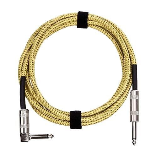 Amazon Basics TS 1/4 Inch Tweed Cloth Jacket Right-Angle Instrument Cable for Electric Guitar, 10 Foot, Yellow & Brown - Image 1