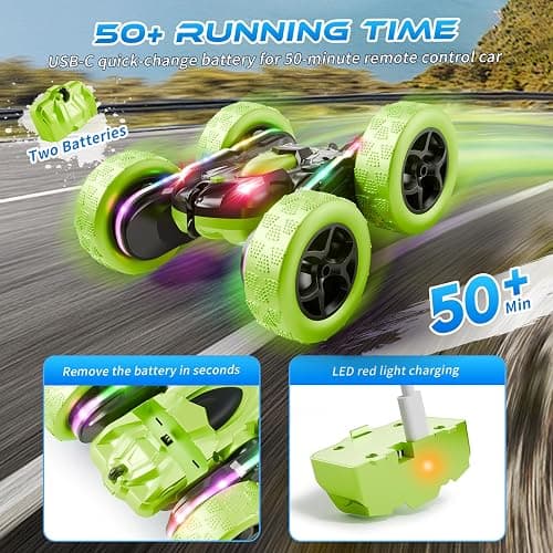Zalneo Remote Control Car – 4WD 360° Flip Double‑Sided RC Stunt Car LED Light Bar & USB‑C Modular Battery, Off‑Road Toys for Boys Ages 6‑12, Birthday Gift, Black‑Green thumbnail 3