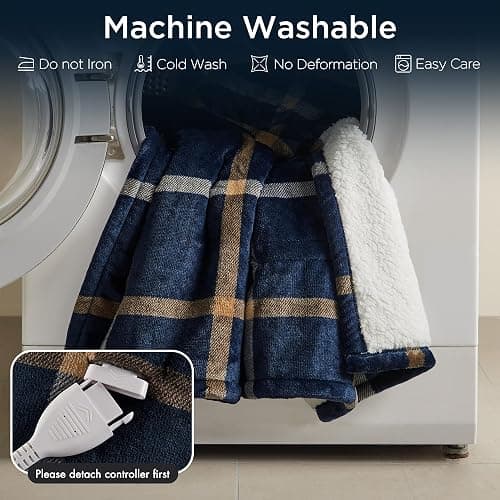 Woolrich Plush Sherpa Electric Blanket 50x60 Plaid Navy Cozy Layer | Adjustable heat settings, Auto shutoff for overnight use, Warm reverse side, Machine washable easy care, OEKO-TEX certified thumbnail 8