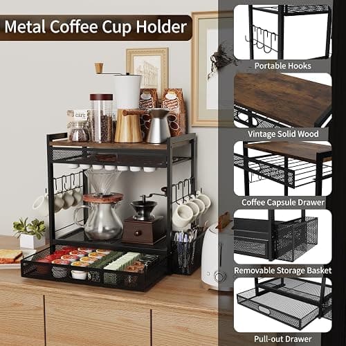 Coffee Bar Organizer Station with CoffeePod Drawer Mug Cup Holder and Tea Condiment Storage for Countertop Organizer CoffeeBar Accessories for Kitchen,Home,Office thumbnail 6