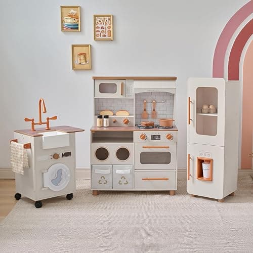 Teamson Kids Little Chef Savannah Off-White Play Kitchen for Girls & Boys with Sink, Fridge & 21 Accessories, Pretend Toy Kitchen Set for Toddlers Ages 3+ with Storage & Modular Design thumbnail 2