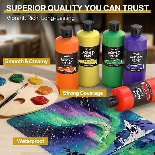 WUO 24 Colors Professional Acrylic Paint Set, 250ml/8.45oz, Large Bulk Rich Pigment Acrylic Paint, Non-Toxic Multi Surface Art Supplies for Artists Adults Beginners on Canvas Wood Fabric Rock Crafts thumbnail 5