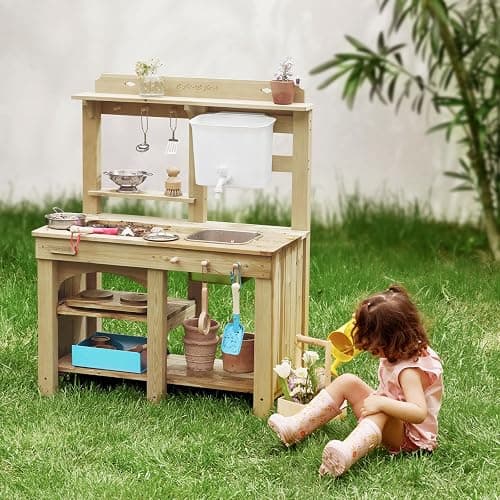 Tiny Land Outdoor Mud Kitchen for Kids, Wooden Play Kitchen with Water Tank, Water & Cooking Play, Sensory Fun, Weather-Resistant with Storage, Ideal for Toddlers Ages 3+ thumbnail 11
