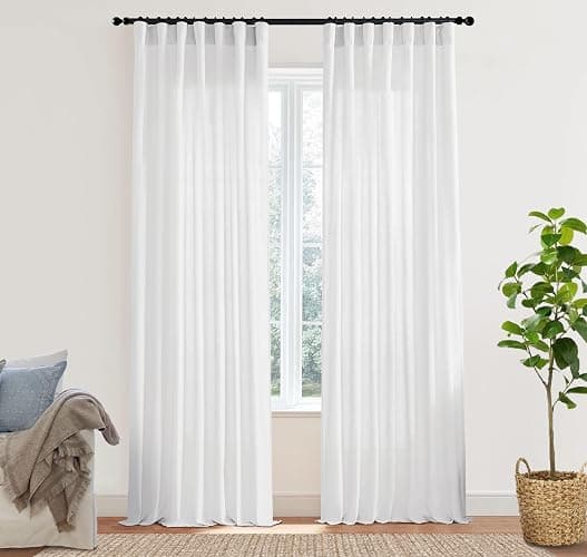 XTMYI White Curtains 84 Inches Long,Linen Semi Sheer Boho Light Filtering Textured Farmhouse Cotton Curtains for Bedroom Living Room 2 Panels Set,Back Tab Hooks Pleated - Image 1