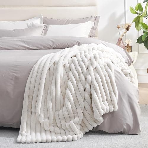 Amélie Home Faux Fur Throw Blanket for Couch, Cozy Fuzzy Fluffy Fur Luxurious Soft Striped Plush Gift Blankets for Family Sofa Chair Bedroom, 55"x70", Ivory thumbnail 8