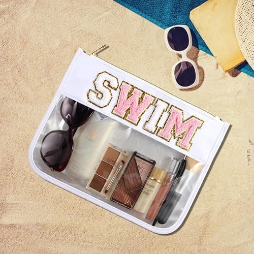 Swim Pouch Bag Clear Makeup Bags with Zipper Preppy Chenille Letter Patch Cosmetic Bag Beach Pool Zipper Pouch Summer Organizer Toiletry Bag for Women Girl Gifts thumbnail 4