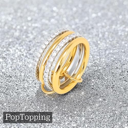 PopTopping 18K Gold Plated Stackable Rings Silver And Gold Stackable Ring Set For Women Cubic Zirconia Stacking Rings For Wedding Engagement Birthday Valentine's Day Mother's Day Gift thumbnail 5